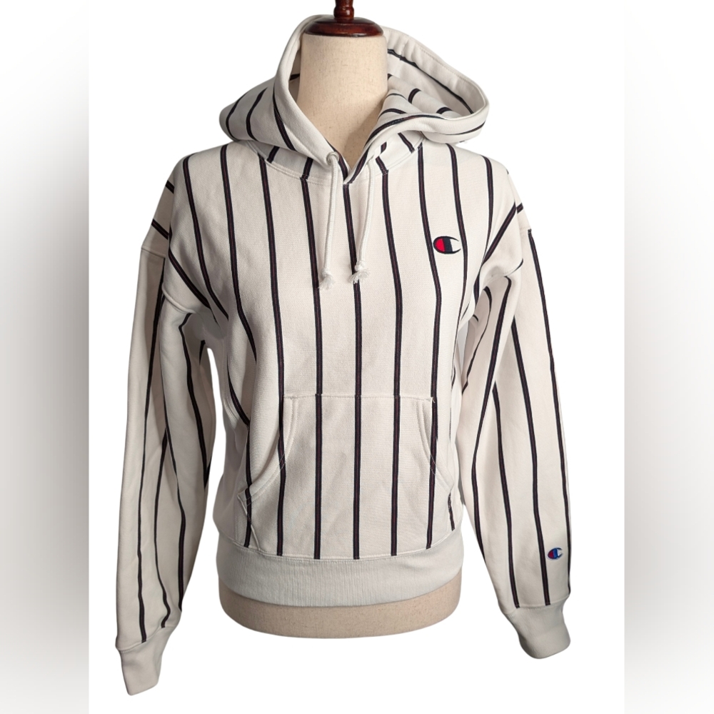 Champion Baseball Reverse Weave Stripe Sweatshirt With Hood/Kangaroo Pocket.